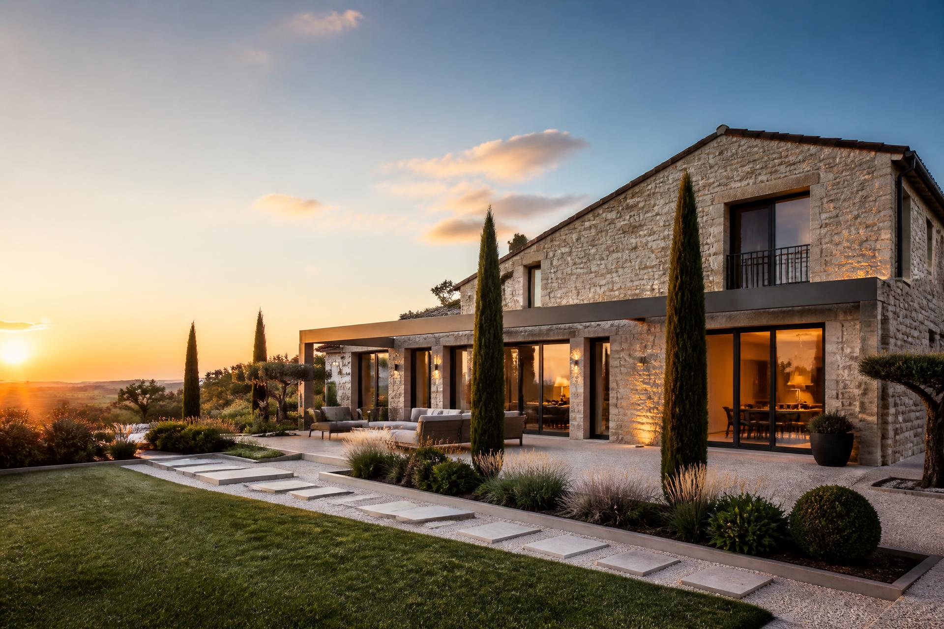 Villa contemporaine en pierre au coucher du soleil, immobilier haut de gamme dans la Loire